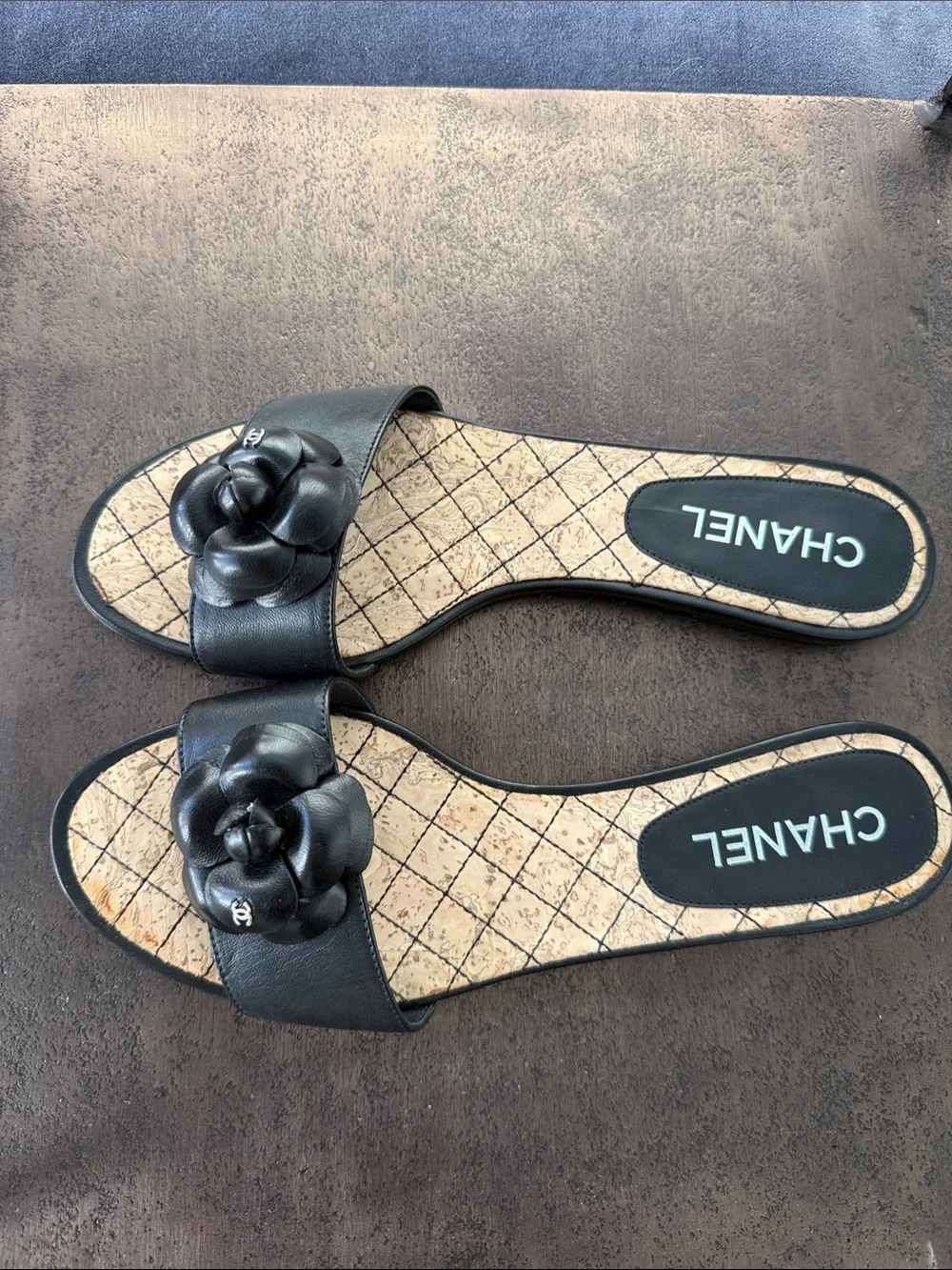 CHANEL Black Leather Camellia Slide Sandals